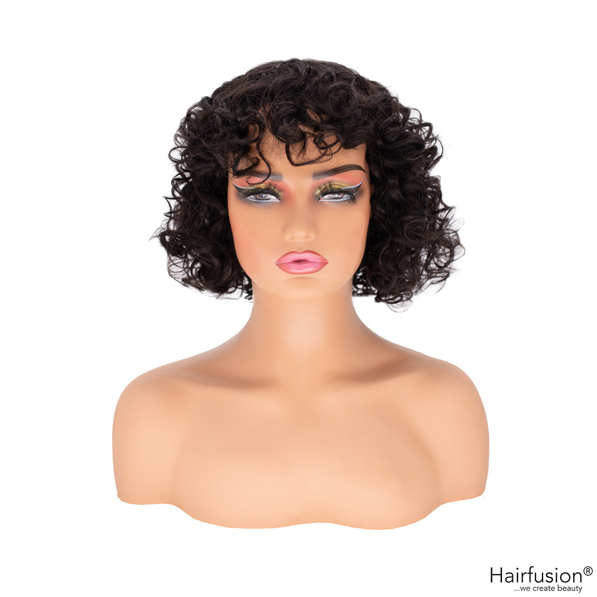 Echthaar Perücke - Amaya -naturgelockt mit Pony - schwarzbraun