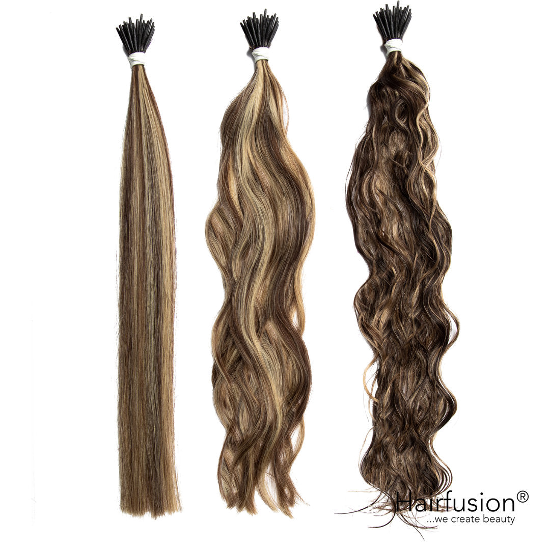 25 Stück HAIRFUSION Echthaar Strähnen mit RUND BONDINGS (Microrings) GESTRÄHNTE FARBEN