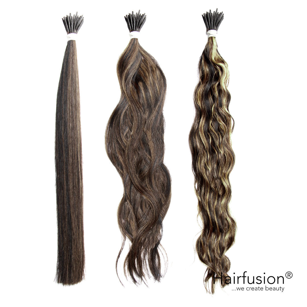 25 Stück HAIRFUSION Echthaar Strähnen mit RUND BONDINGS (Microrings) GESTRÄHNTE FARBEN