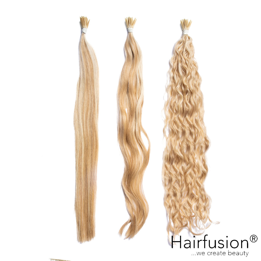 25 Stück HAIRFUSION Echthaar Strähnen mit RUND BONDINGS (Microrings) GESTRÄHNTE FARBEN