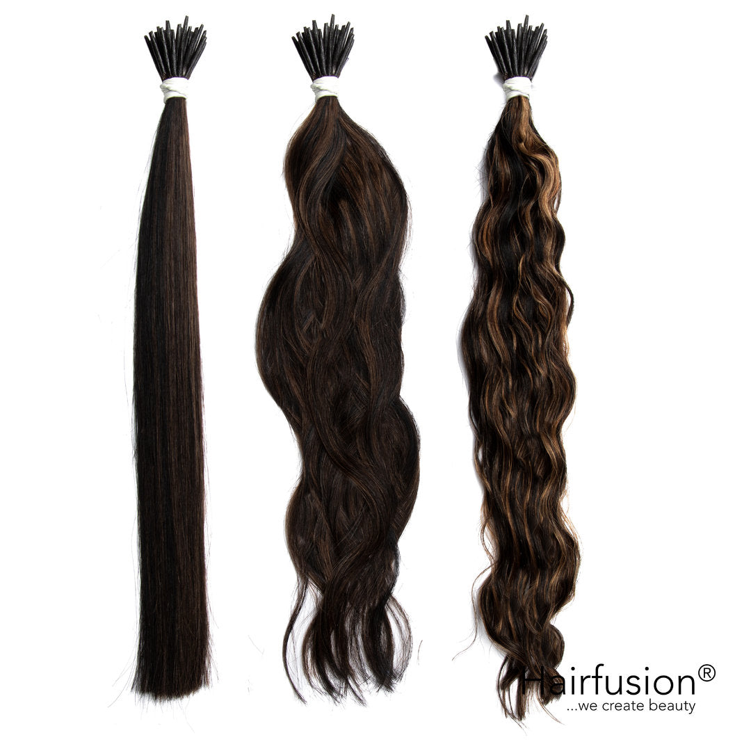 25 Stück HAIRFUSION Echthaar Strähnen mit RUND BONDINGS (Microrings) GESTRÄHNTE FARBEN